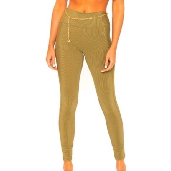 WeWoreWhat Chain High Rise Ribbed Green Leggings NWT Sz Medium Gold Chain Detail - Picture 15 of 15